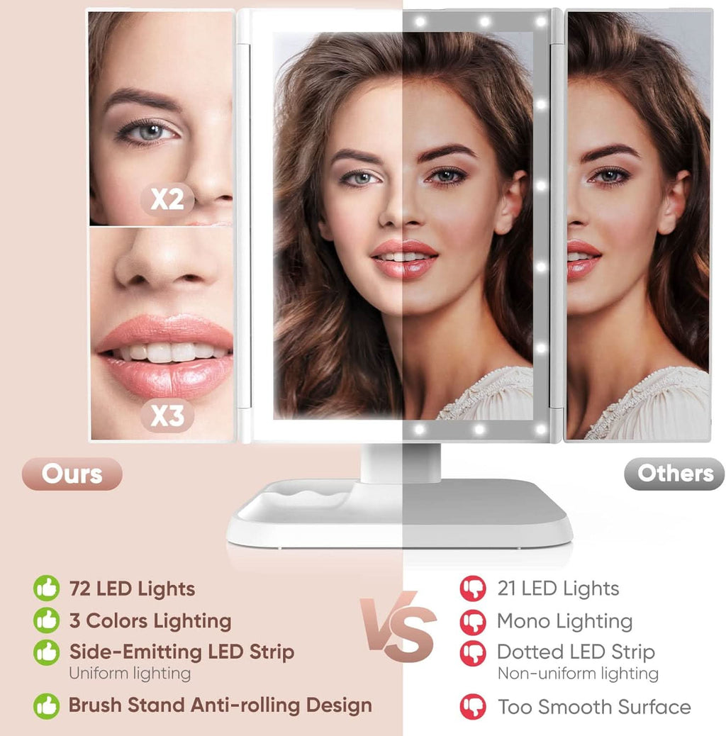 Specchio LED pieghevole a 3 pannelli per trucco preciso 